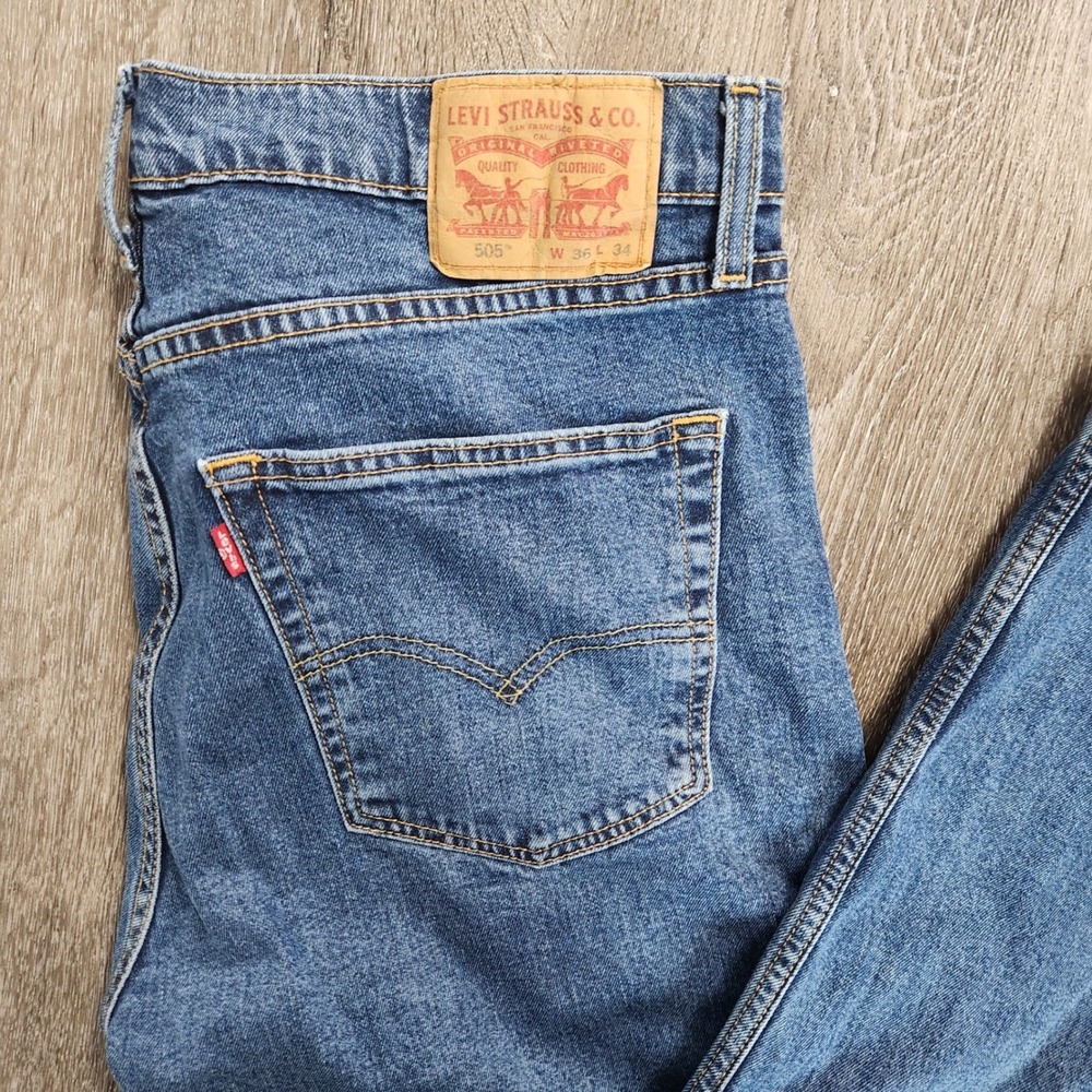 Levis 505 Regular Fit Straight Leg Jeans Mens 36x34 Blue Denim Stretch 505-1625 - Picture 2 of 8